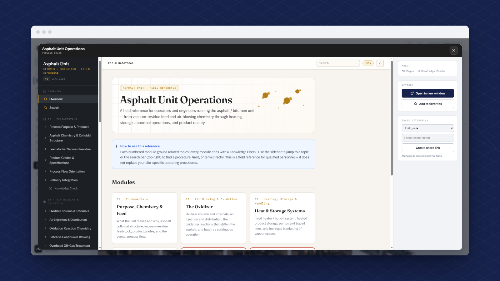 A reference guide open in the viewer, showing the module sidebar, overview, and numbered modules with knowledge checks.
